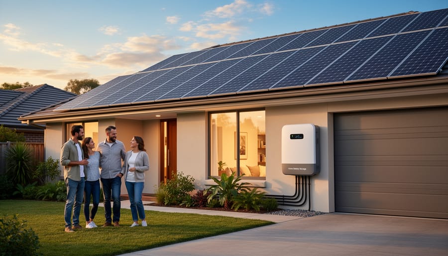Home battery storage unit installed on wall with solar panels visible in background