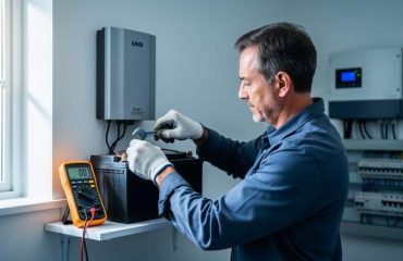 Homeowner wearing gloves tightens a battery terminal on an unbranded wall-mounted UPS while a multimeter sits nearby in a softly lit utility room, with a solar inverter and breaker panel blurred in the background