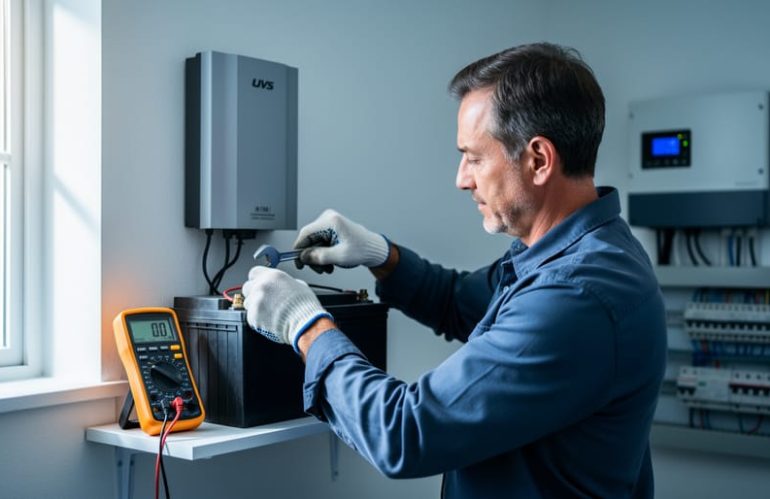 Homeowner wearing gloves tightens a battery terminal on an unbranded wall-mounted UPS while a multimeter sits nearby in a softly lit utility room, with a solar inverter and breaker panel blurred in the background