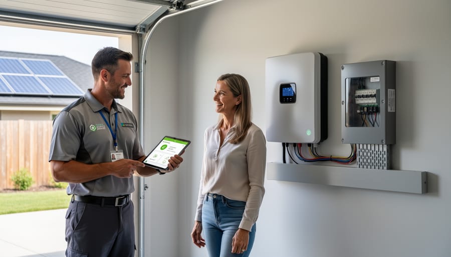 Homeowners reviewing their energy storage system performance in modern home