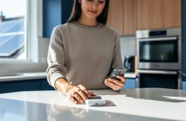 Homeowner in a modern kitchen using a small home energy monitor with a smartphone, with stainless appliances softly blurred in the background and no visible screen text.