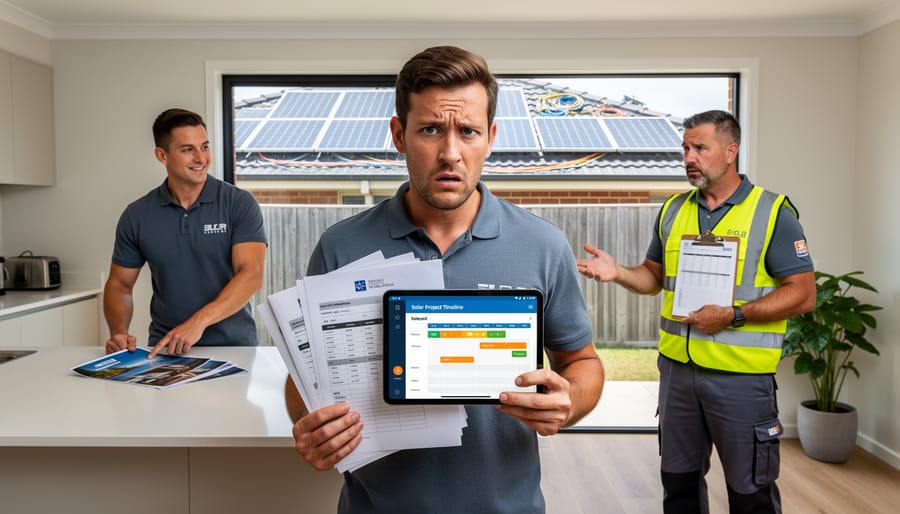 Concerned homeowners reviewing solar installation paperwork at kitchen table