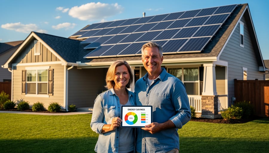 Homeowner using smartphone to check solar energy savings with solar panels visible on house in background