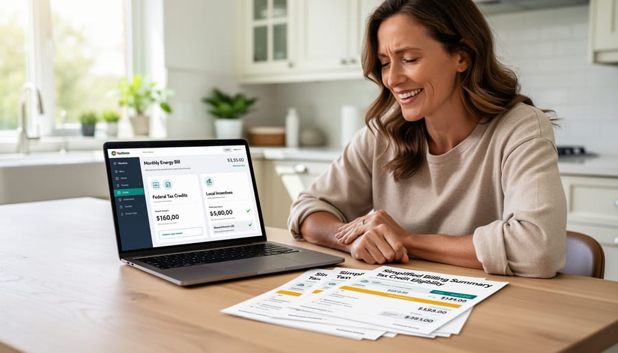 Couple reviewing solar tax credit paperwork together at home with laptop