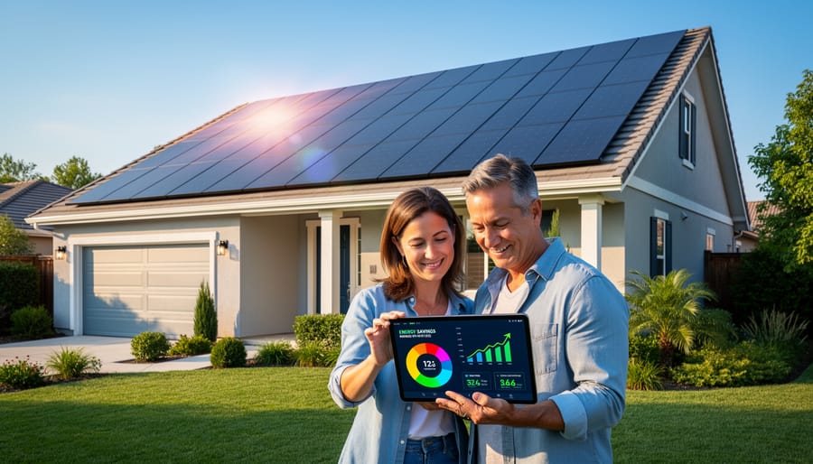 Homeowner couple standing proudly in front of their solar-powered home