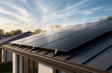 Low-angle photo of sleek black solar panels on a suburban home’s roof in soft late-afternoon light with thin clouds; neighboring roofs and treetops in the background.
