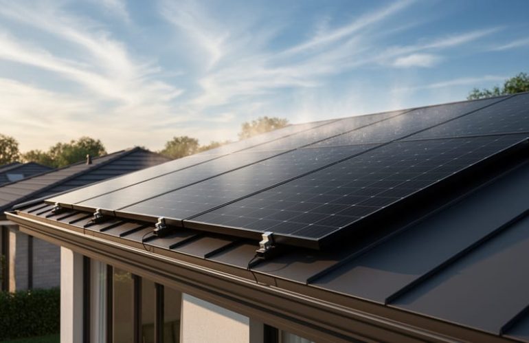 Low-angle photo of sleek black solar panels on a suburban home’s roof in soft late-afternoon light with thin clouds; neighboring roofs and treetops in the background.