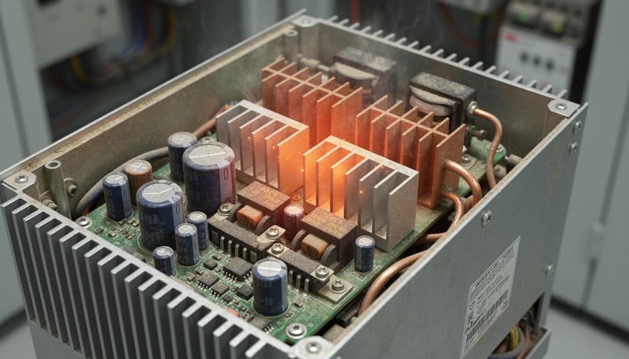 Close-up of electronic circuit board components showing thermal wear