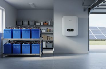 Side-by-side view in a residential garage of a floor rack of flooded lead-acid batteries with vent caps and cables next to a slim wall-mounted lithium-ion battery beneath a solar inverter, with organized shelves and a glimpse of rooftop panels in the background.