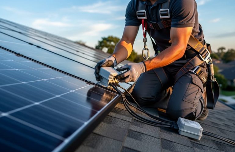 Solar technician wearing a safety harness installing a microinverter on the back of a rooftop solar panel, with additional panels along the roof in warm golden-hour light and softly blurred trees in the background.