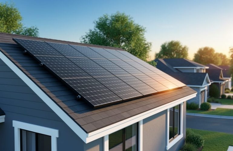 "Black monocrystalline solar panels installed on a modern suburban home’s south-facing roof, seen from ground level at an upward angle during golden hour with clear blue sky and trees in the background."