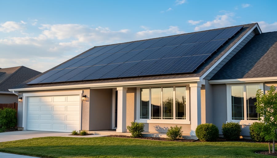 Modern solar panels installed on residential home rooftop against blue sky