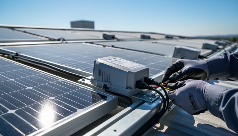Close-up view of microinverters and power optimizers installed on the back of residential solar panels