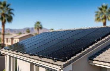 Low-angle view of a suburban home roof covered with all-black monocrystalline solar panels in bright midday sunlight, with blurred palm trees, stucco houses, and distant hills suggesting a hot-climate setting.