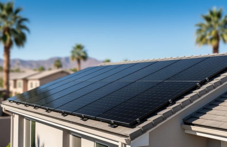 Low-angle view of a suburban home roof covered with all-black monocrystalline solar panels in bright midday sunlight, with blurred palm trees, stucco houses, and distant hills suggesting a hot-climate setting.