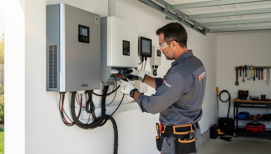 Professionally installed home battery storage system mounted on residential garage wall