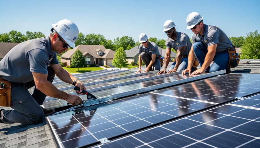 Professional solar installation team working collaboratively on residential rooftop