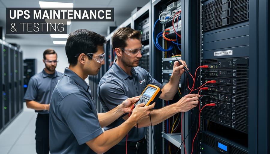 Homeowner inspecting UPS battery terminals and connections during routine maintenance