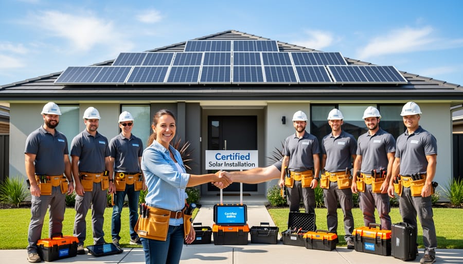 Certified solar installer examining premium solar panel on residential rooftop