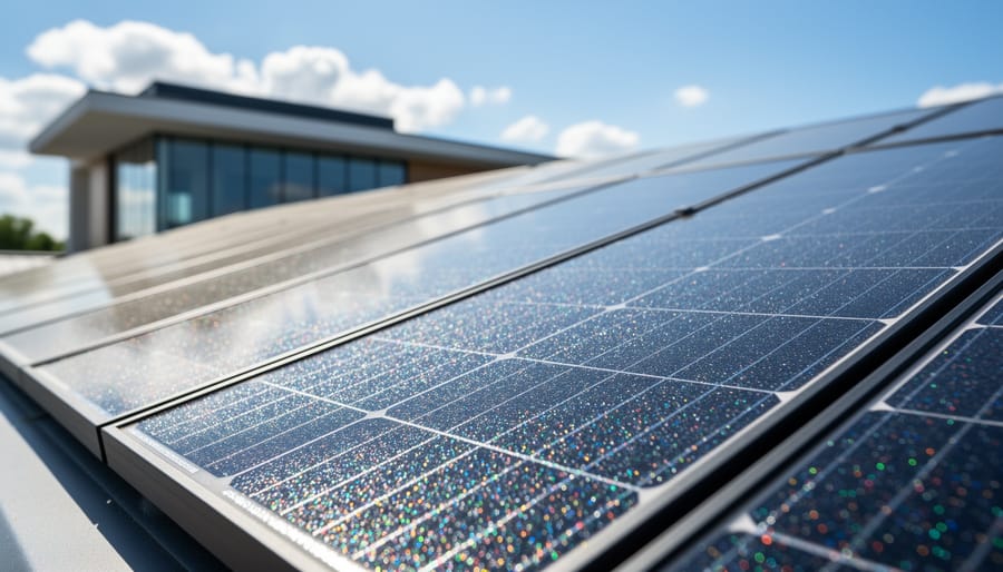 Close-up of quantum dot solar panel cells showing iridescent coating