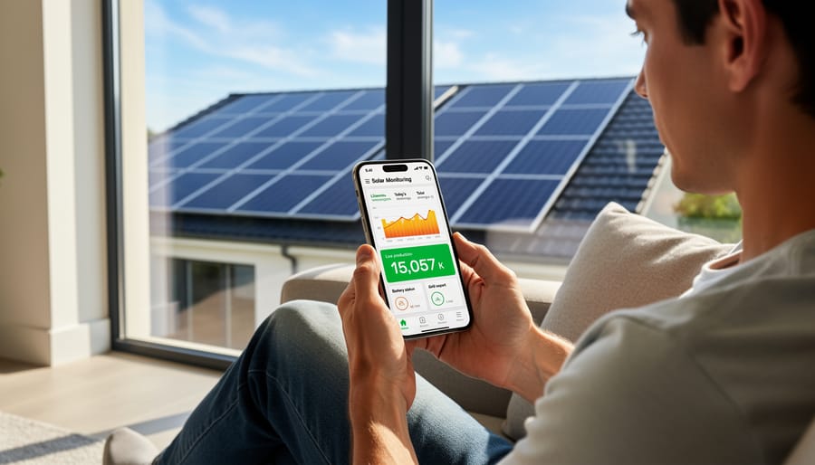 Person checking solar energy production on smartphone app with panels visible on roof behind