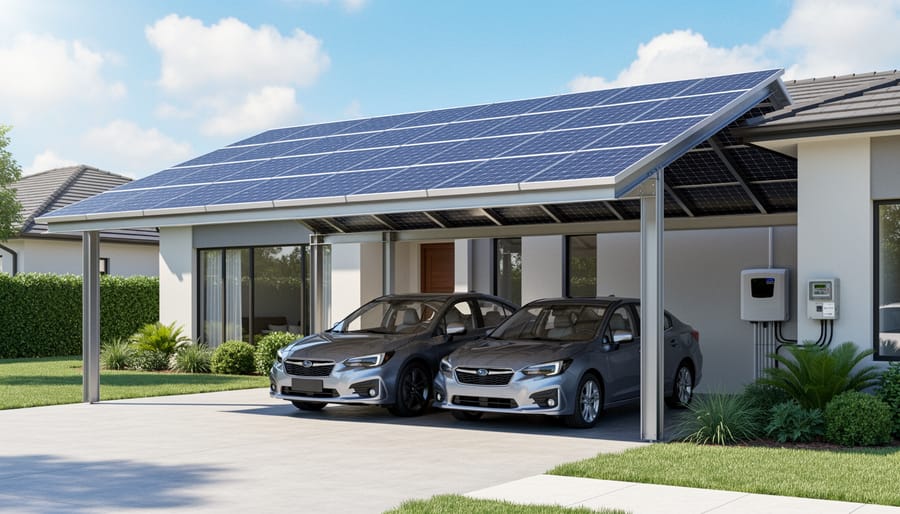 Modern solar carport structure covering two cars in residential driveway with solar panels on roof