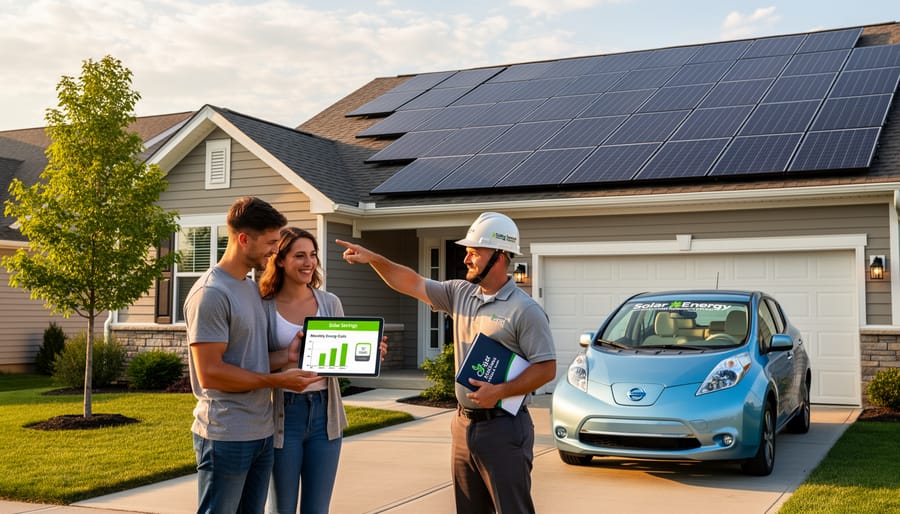 Residential home with solar panel array installed on rooftop in suburban neighborhood