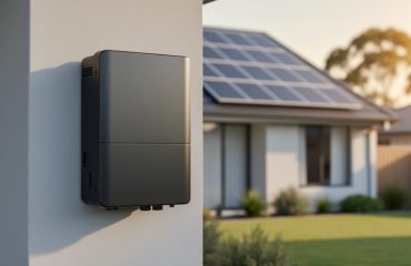 Close-up of a matte black solar inverter on a suburban home’s exterior wall with rooftop solar panels softly blurred above in golden-hour light