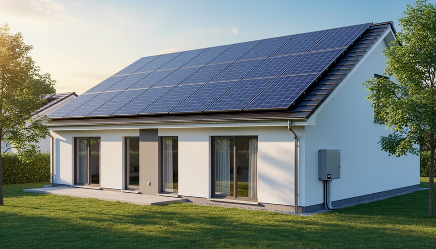 Solar panels installed on residential roof under bright sunlight