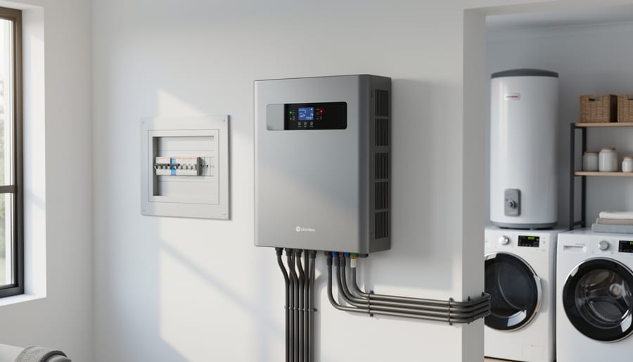 Modern 3-phase solar inverter mounted on residential home exterior wall