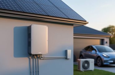 Modern unbranded 3-phase solar inverter on a home’s exterior wall with rooftop solar panels in the background, shot at eye level in warm evening light.