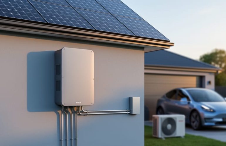 Modern unbranded 3-phase solar inverter on a home’s exterior wall with rooftop solar panels in the background, shot at eye level in warm evening light.