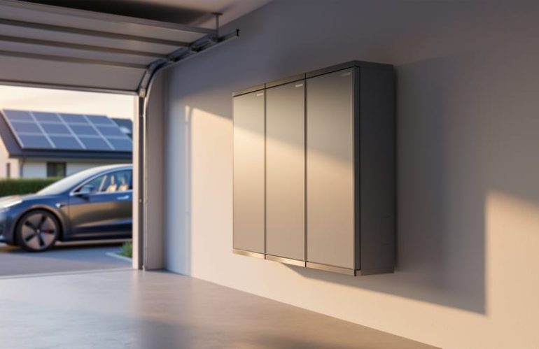 Wall-mounted home battery cabinet made from repurposed electric-vehicle modules in a tidy garage, lit by warm daylight, with an electric car and rooftop solar panels softly visible outside.