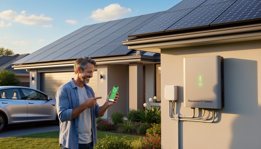 Second-life EV battery module installed on residential garage wall for home solar storage