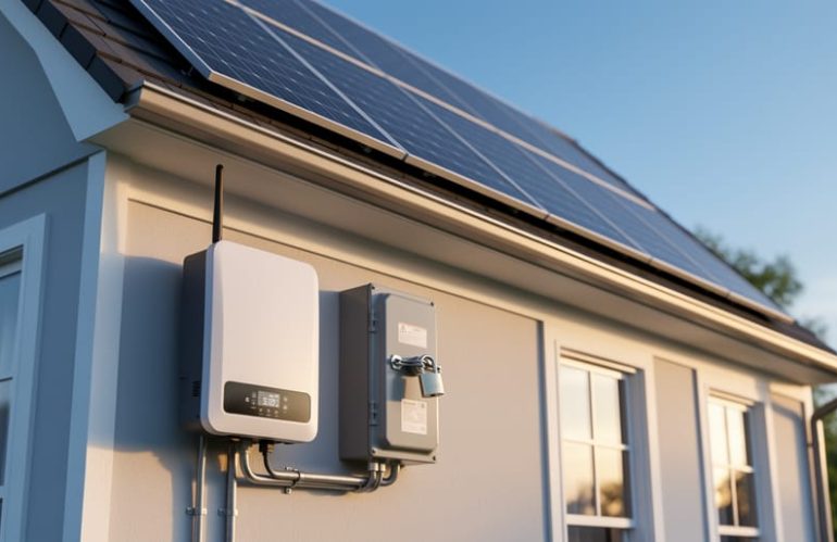 Wall-mounted solar inverter beside a padlocked AC disconnect beneath a residential rooftop solar array at golden hour, conveying a secure, connected home solar setup.