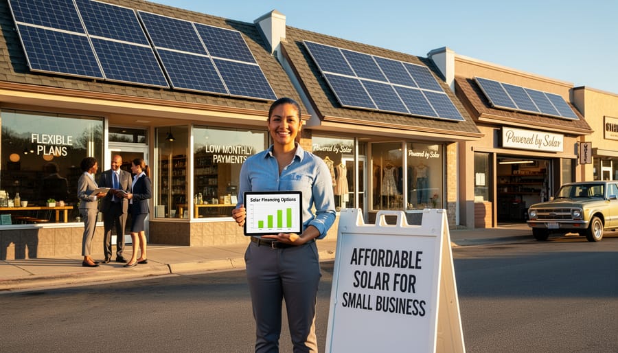 Solar panel array installed on small commercial business rooftop