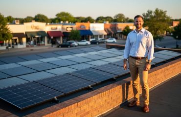 Small-business owner standing beside rooftop solar panels on a brick storefront at golden hour, with a softly blurred small-town main street in the background