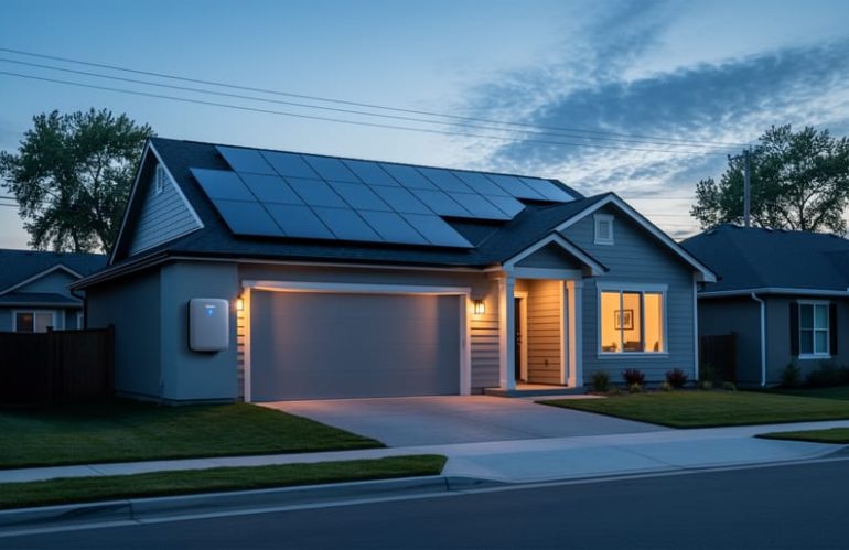 Blue-hour view of a modern suburban home with rooftop solar panels and a wall-mounted battery, brightly lit while nearby houses are dark, seen from the curb at a 45-degree angle, suggesting reliable backup power and energy independence.