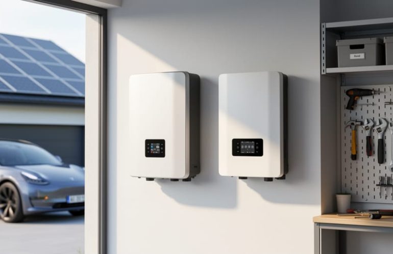 Modern white home battery mounted on a clean garage wall next to an inverter, with sunlight and rooftop solar panels visible through a side window; organized tools and a parked electric vehicle softly blurred in the background.
