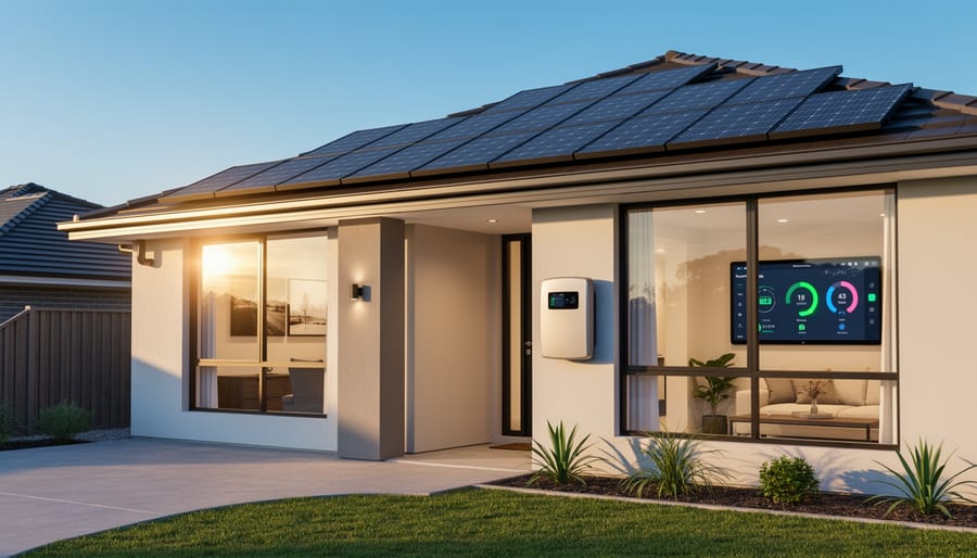 Suburban home with solar panels installed on roof during daytime