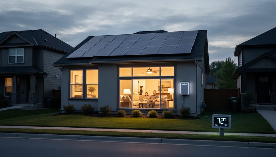 Modern home with rooftop solar panels and illuminated windows at dusk