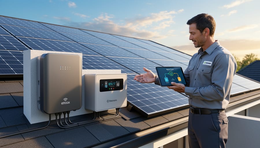 Solar technician installing battery storage system alongside modern inverter equipment