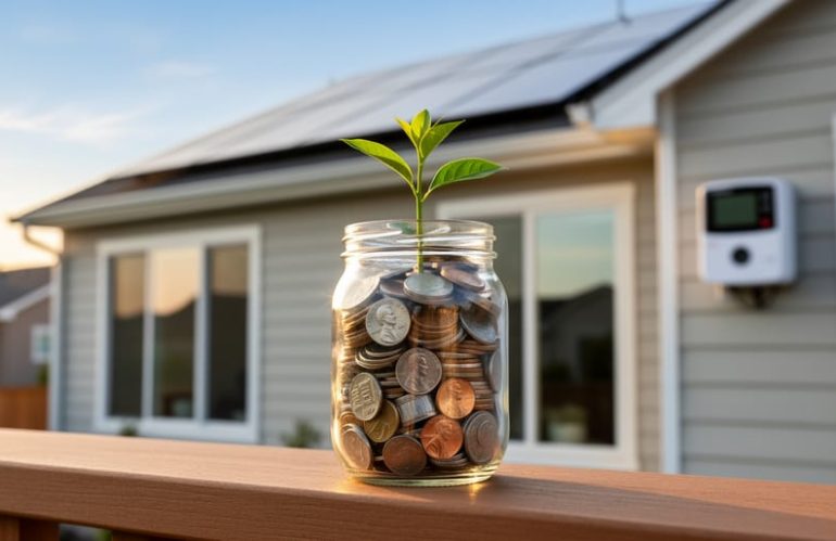 Glass jar filled with coins and a small sprouting plant on a porch rail, with a modern suburban house featuring rooftop solar panels and a smart meter softly blurred in the background at golden hour.