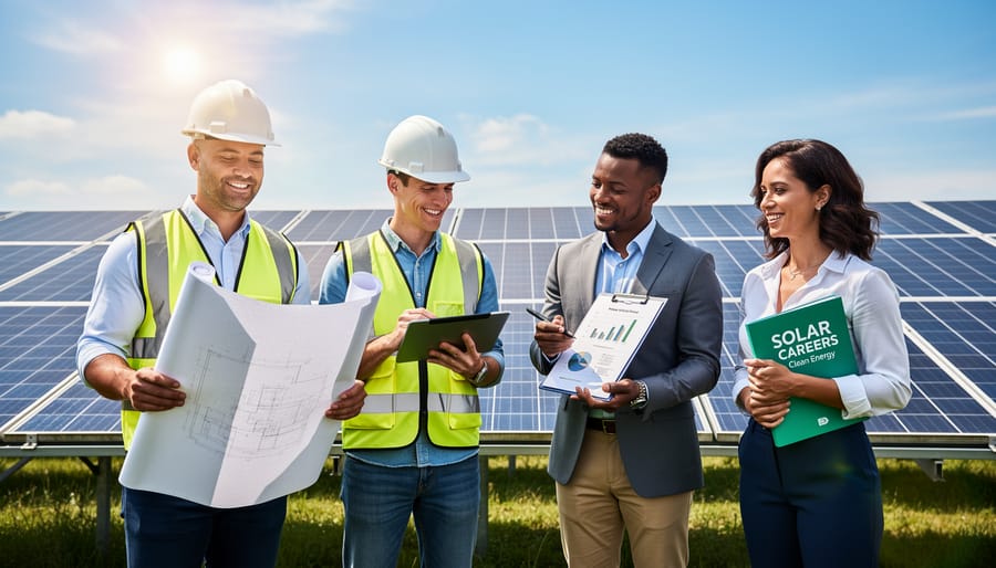 Female solar professional inspecting solar panels at large-scale solar farm installation