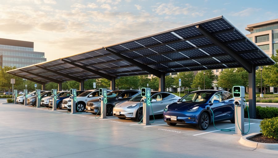 Electric vehicle charging under solar carport with charging station mounted on support column