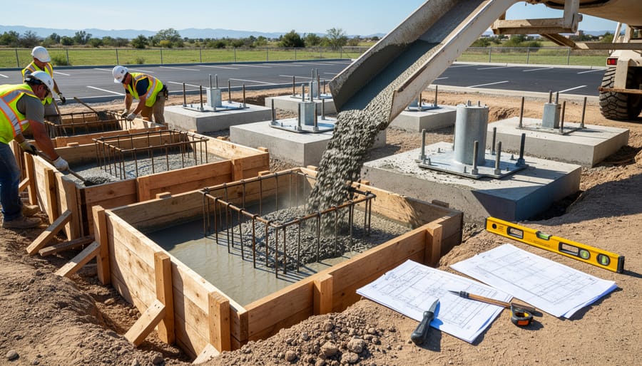 Construction workers installing concrete foundation footings for solar carport installation