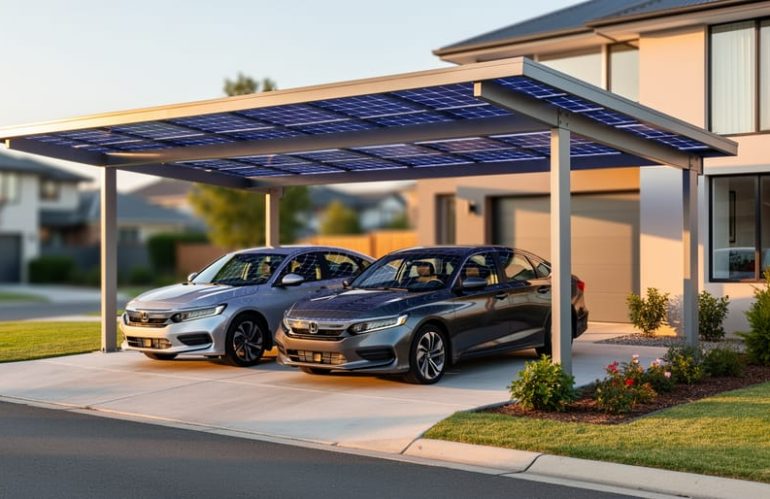 Solar carport with metal frame and photovoltaic panels over a residential driveway, shading two cars at a modern suburban home during golden hour.