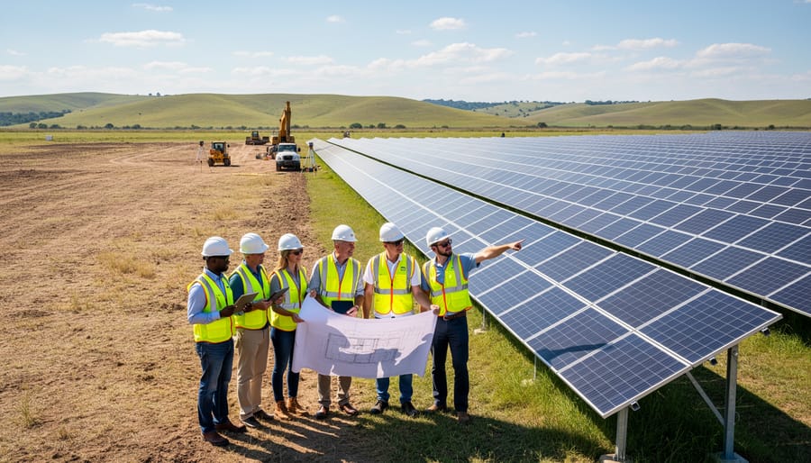 Solar project developer reviewing site plans on vacant land designated for solar installation