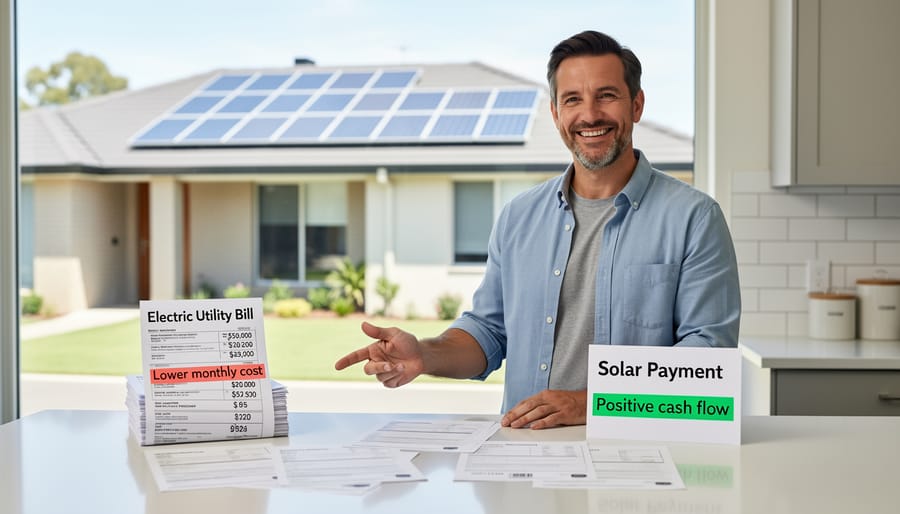 Small business owner reviewing solar financing options and calculations at office desk