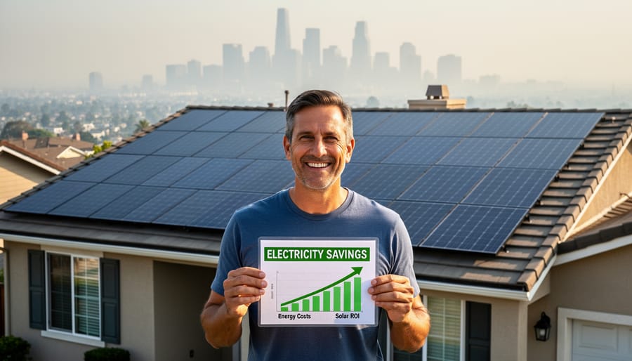 Homeowner reviewing electricity savings with solar panels visible through window